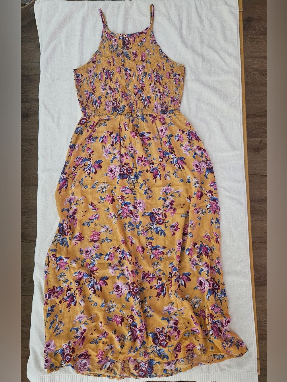 Pink Rose Mustard Yellow Floral Smocked Maxi Dress L Boho